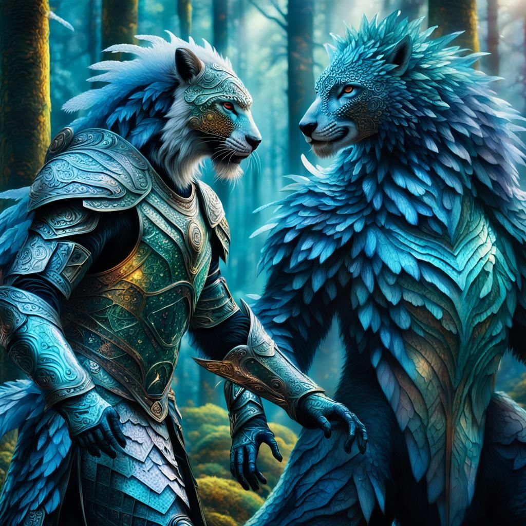 Surreal Forest Battle Between Humans and Crystalline Animals