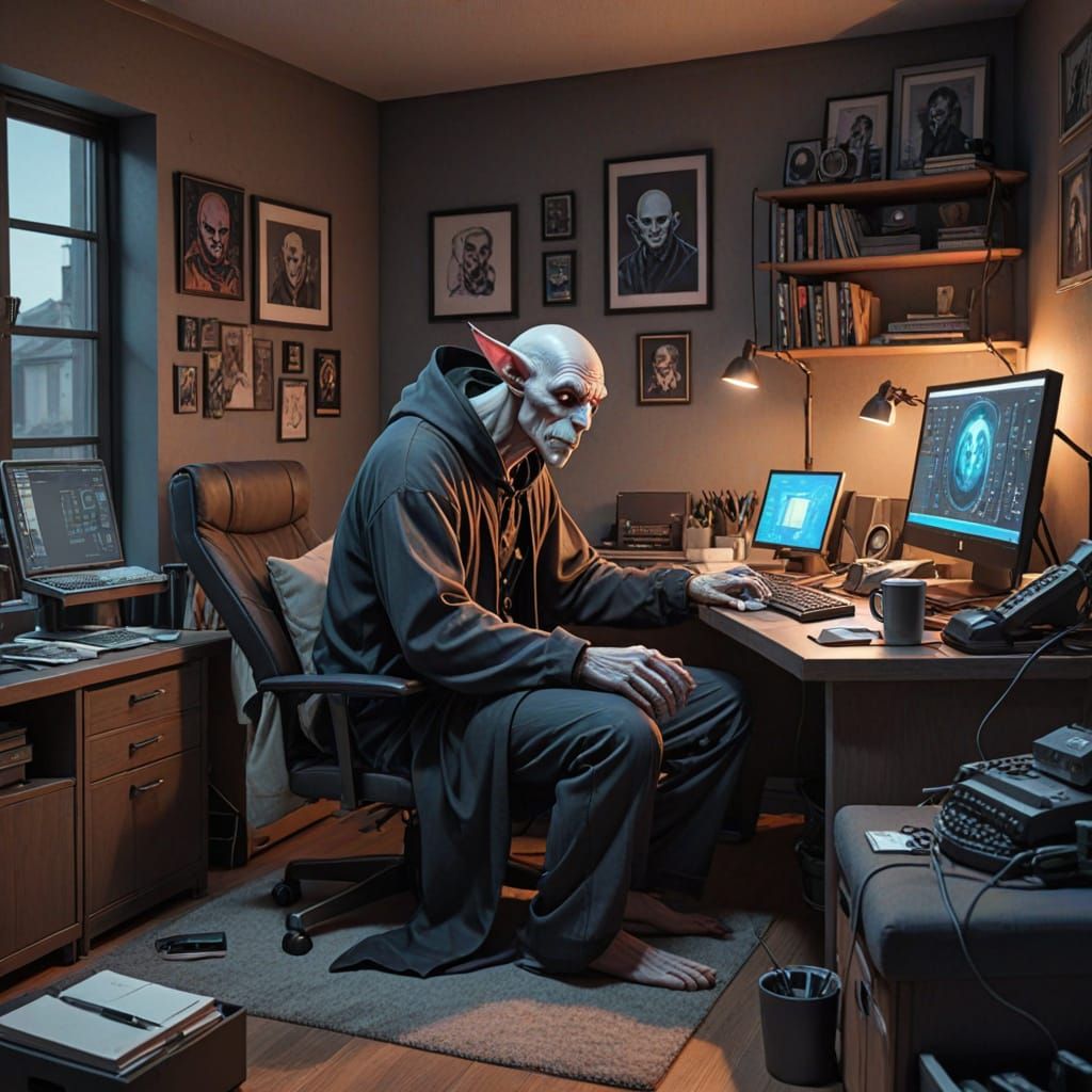 Cyberpunk Nosferatu Works from Home in Anime-Inspired Study