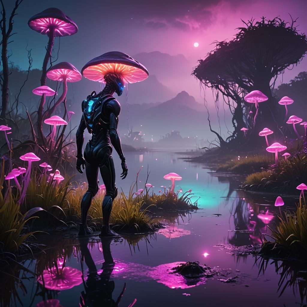 Bioluminescent Sci-Fi Landscape with Alien Walker
