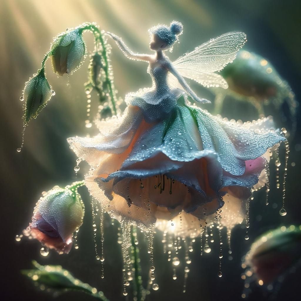 Dewdrop Fairy Above Eustoma Flower