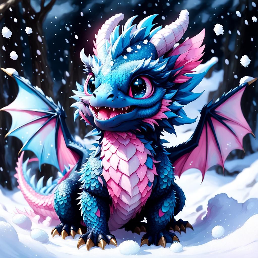 Cute Chibi Dragon Playing in Snow, Digital Art