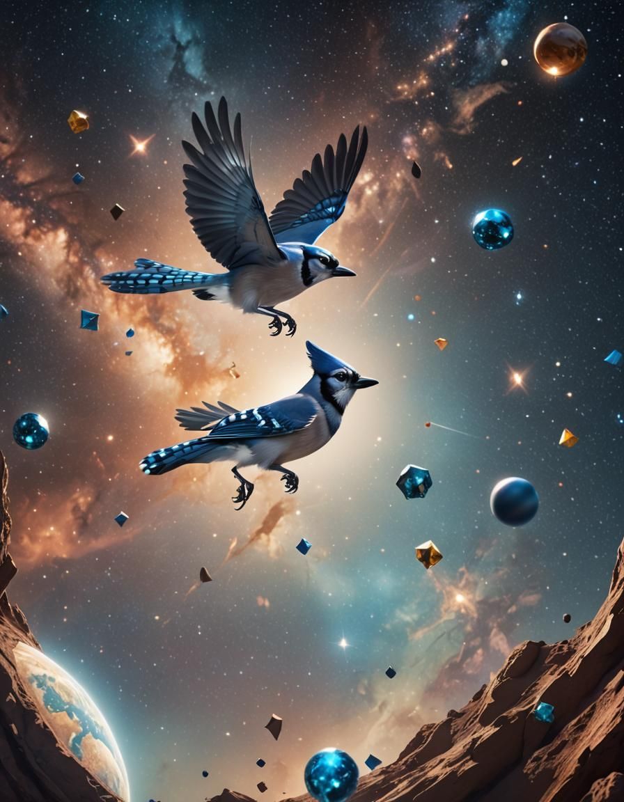 Blue Jay Soaring Through Space in Noir Style