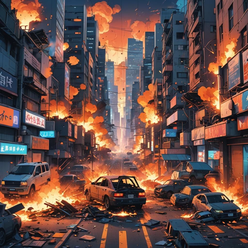 Anime City Explosion in 3D Manga Style