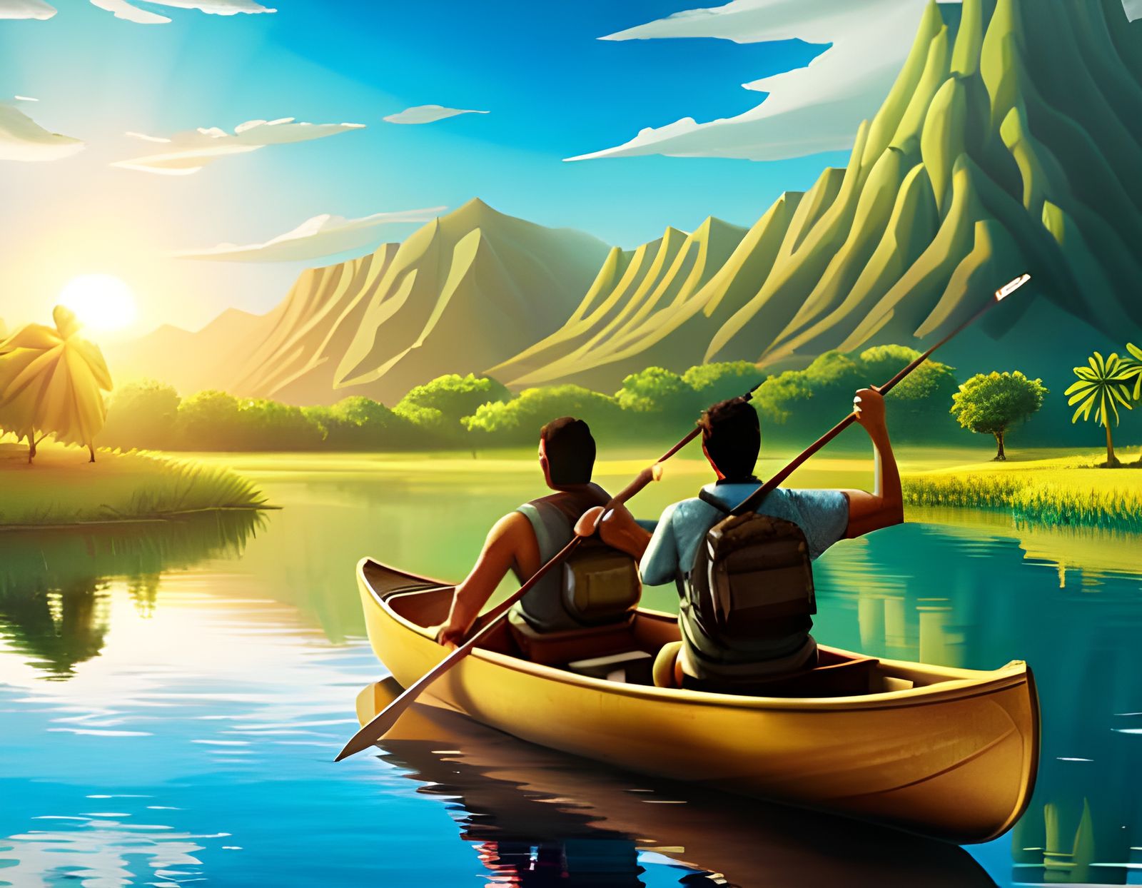 Father and Son Fishing in Hawaiian Valley, Hyperrealistic