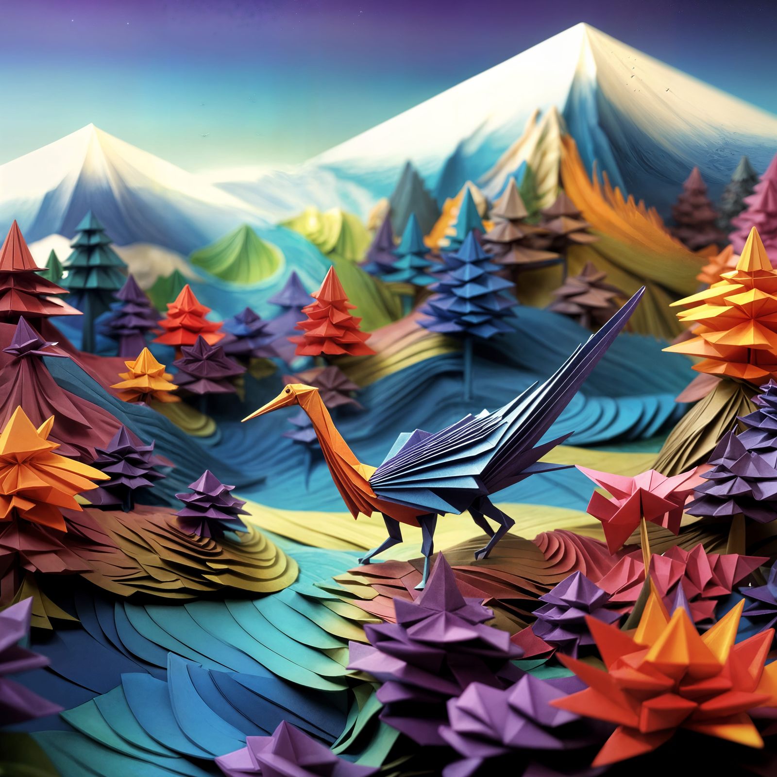 Origami World Landscape in Psychedelic Deep Colors