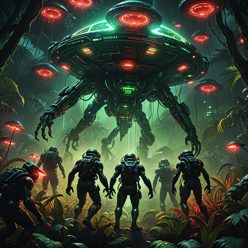 Sci-Fi Frogmen and UFO in Neon Jungle