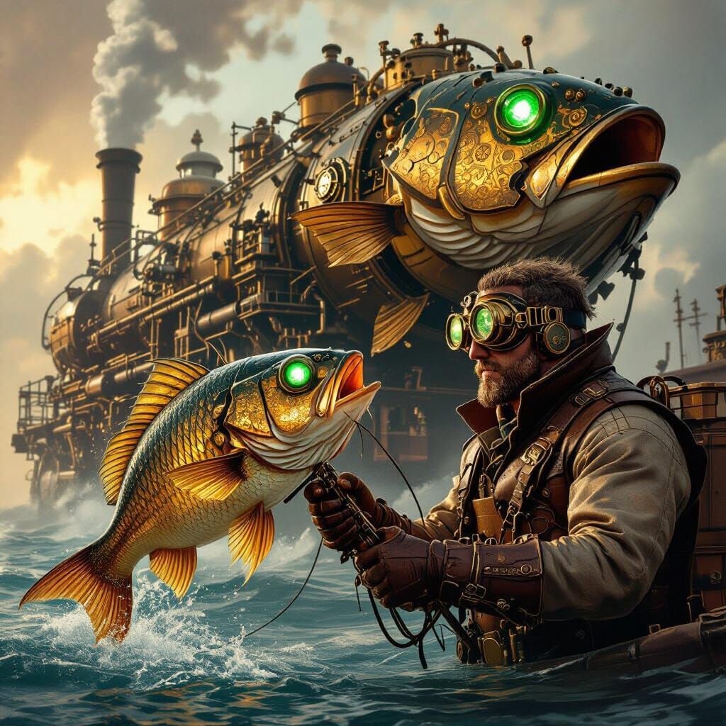 Steampunk Fisherman with Clockwork Fish and Engine