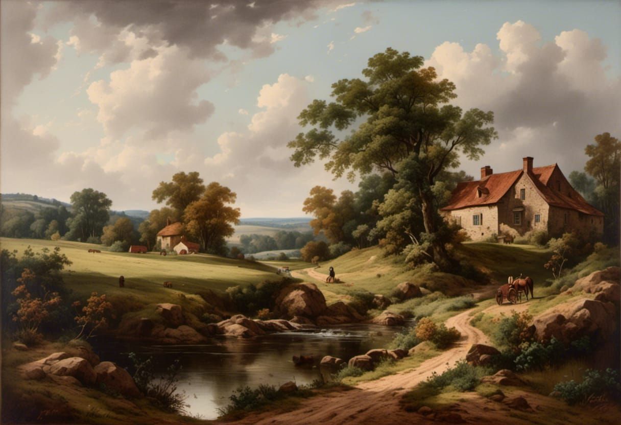 Vintage Oil Painting: Country Landscape Masterpiece