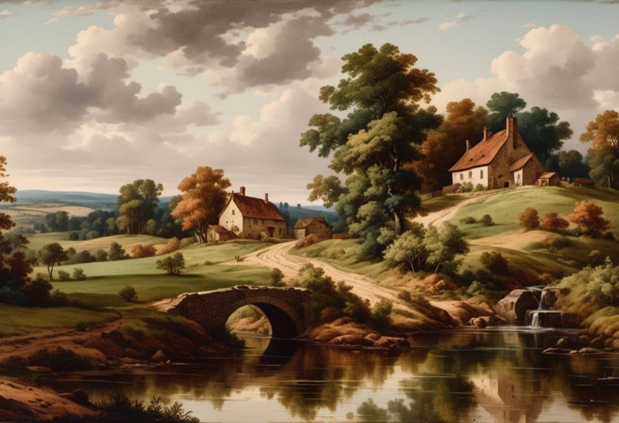 Vintage Country Landscape Oil Painting Masterpiece