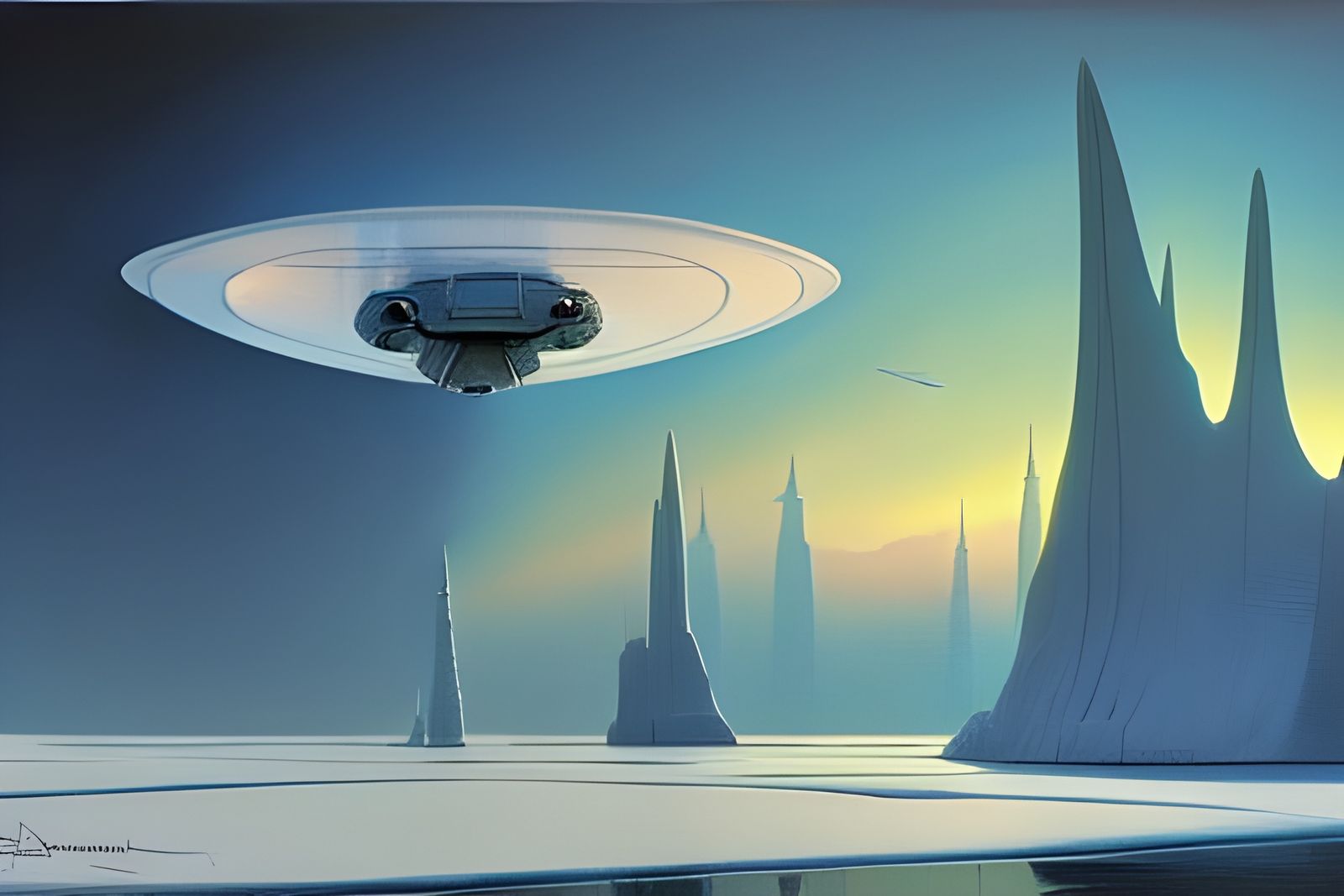 A beautiful atmospheric skimmer flying low over a large frozen lake in a surreal ethereal alien landscape, an ice boat o...