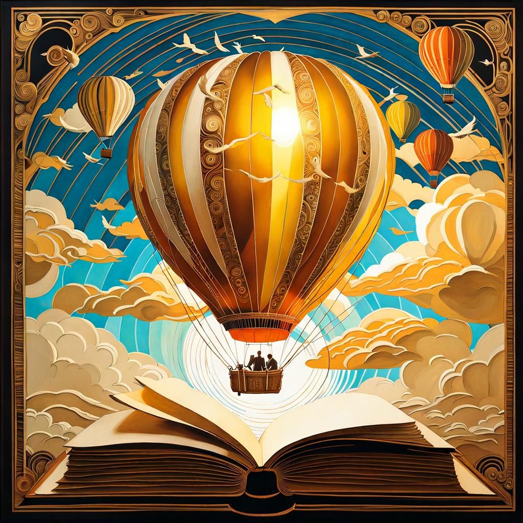 Jules Verne Style Balloon Flight in Golden Sky