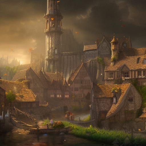 Riverside Medieval Village in Detailed Matte Painting Style