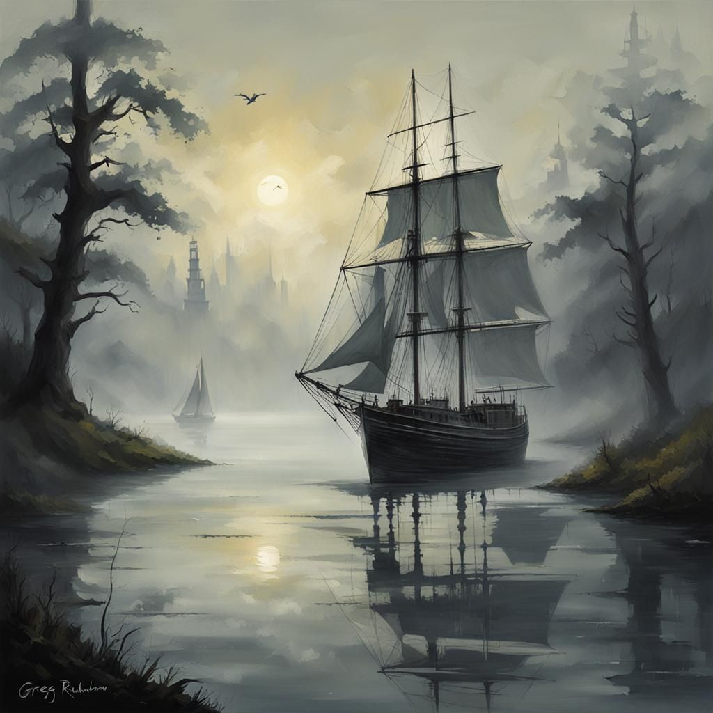 Sinister Sailboat on Foggy River Bay