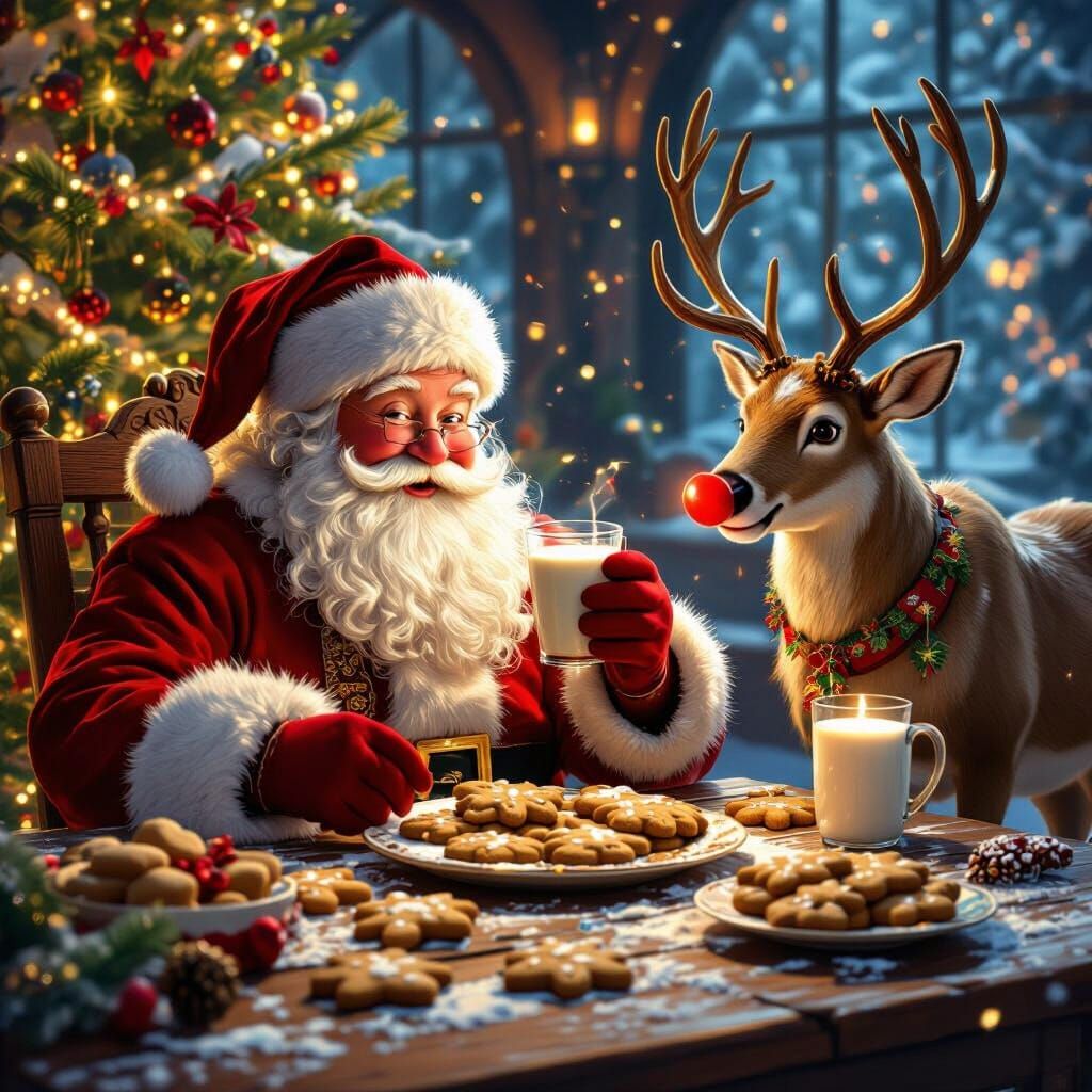 Santa and Rudolph Enjoy Christmas Treats in Warm Light
