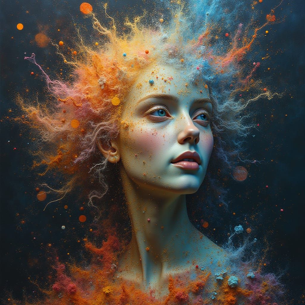 Dreamlike Figure in Cosmic Dust: Surreal Cubist Art