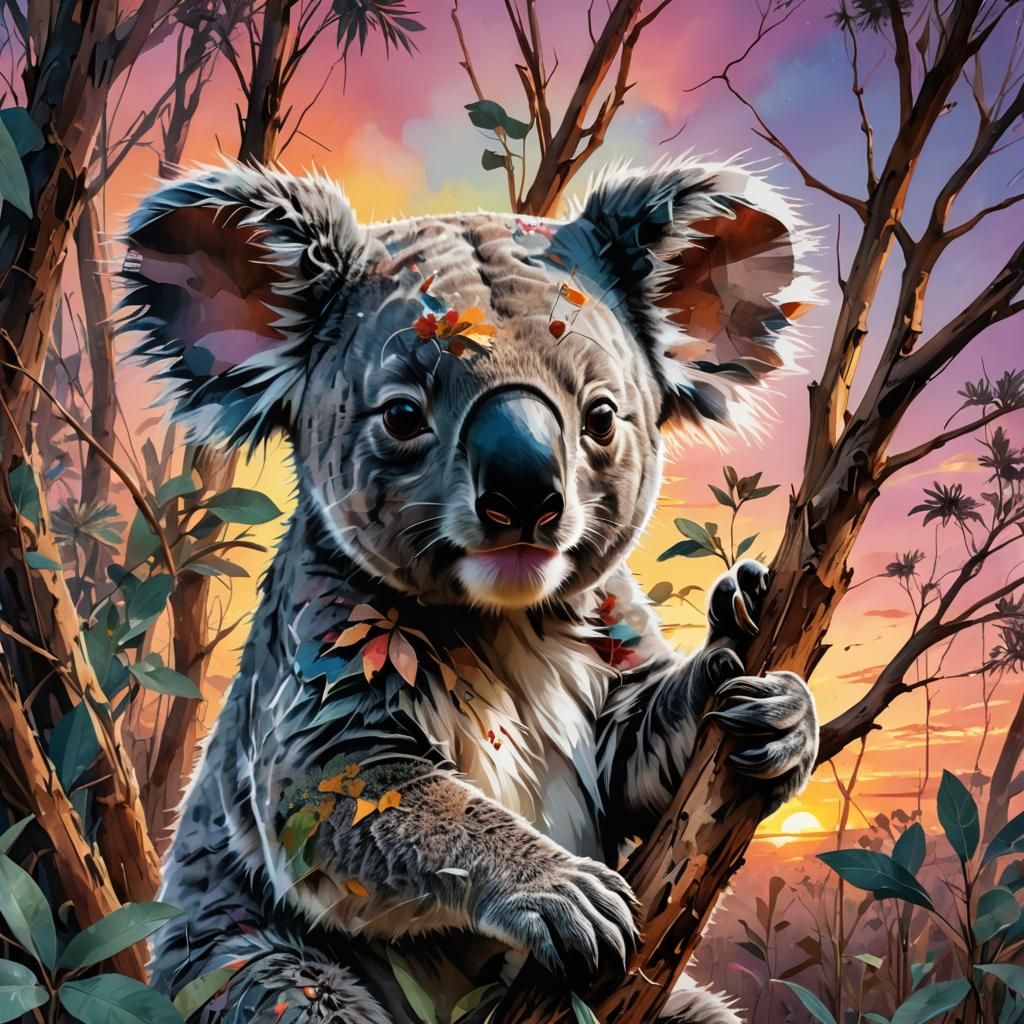Koala in Fantasy Sunset: Digital Watercolor Art