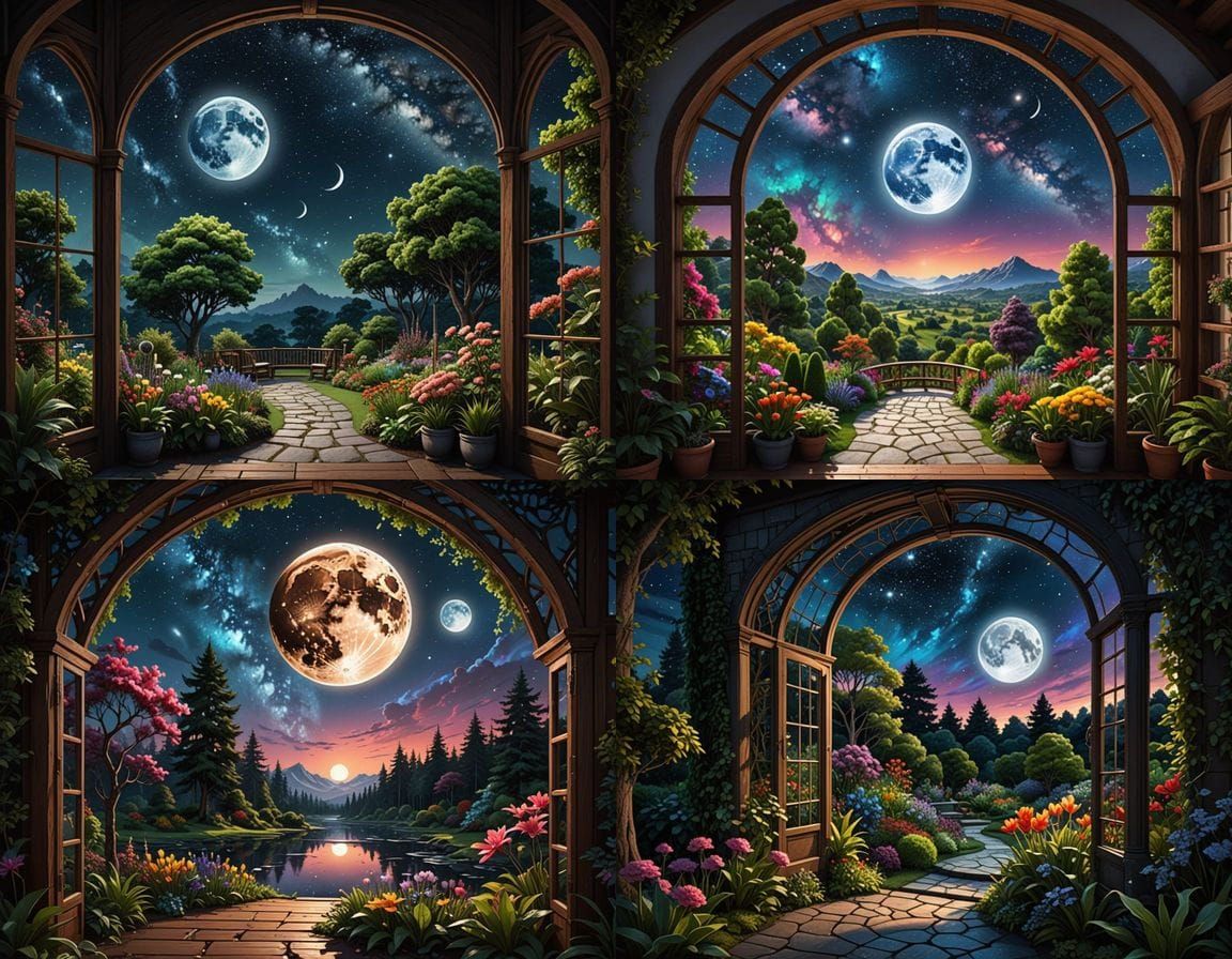 Massive Moon Over Garden Through Arbour Window