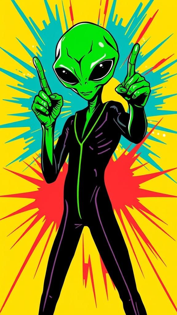 Vibrant Pop Art Alien in Neon Jumpsuit Points Upwards