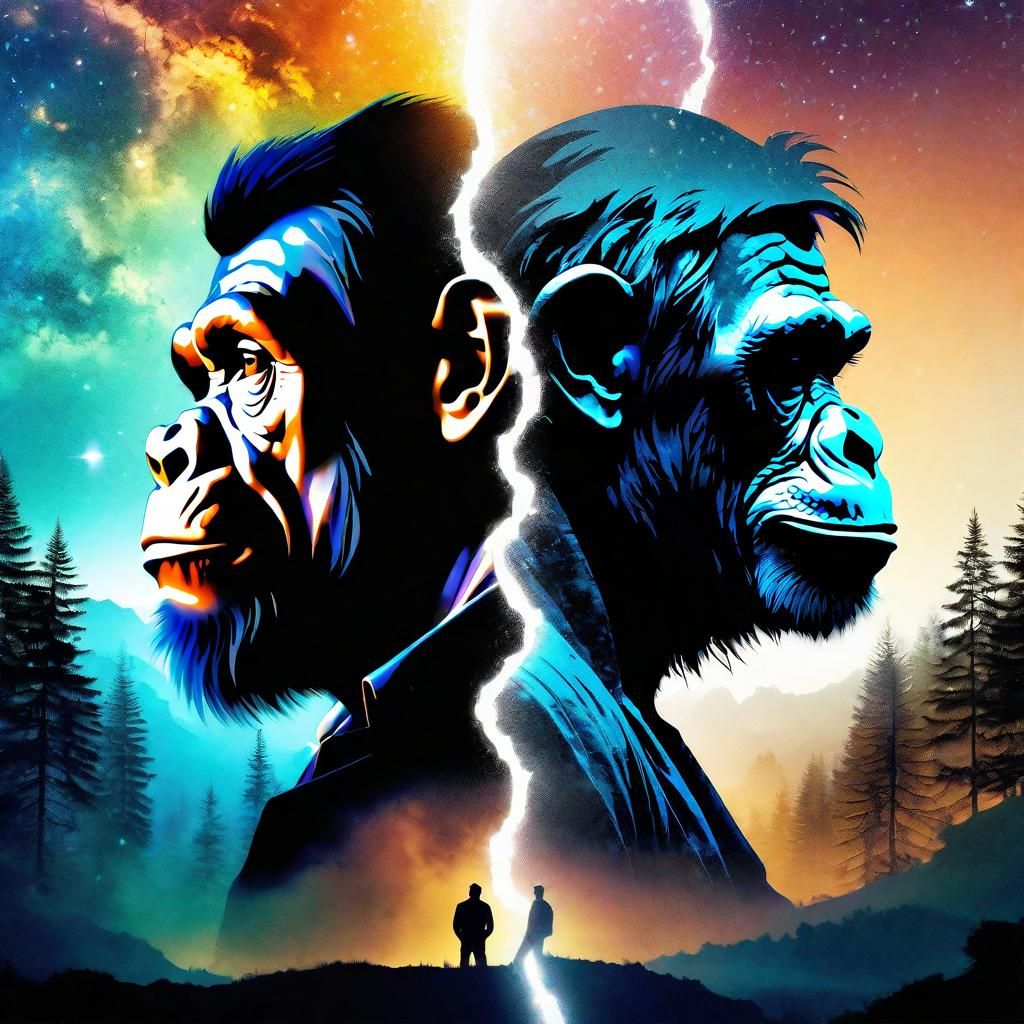 Ethereal Double Exposure Art: Chimpanzee and Modern Man