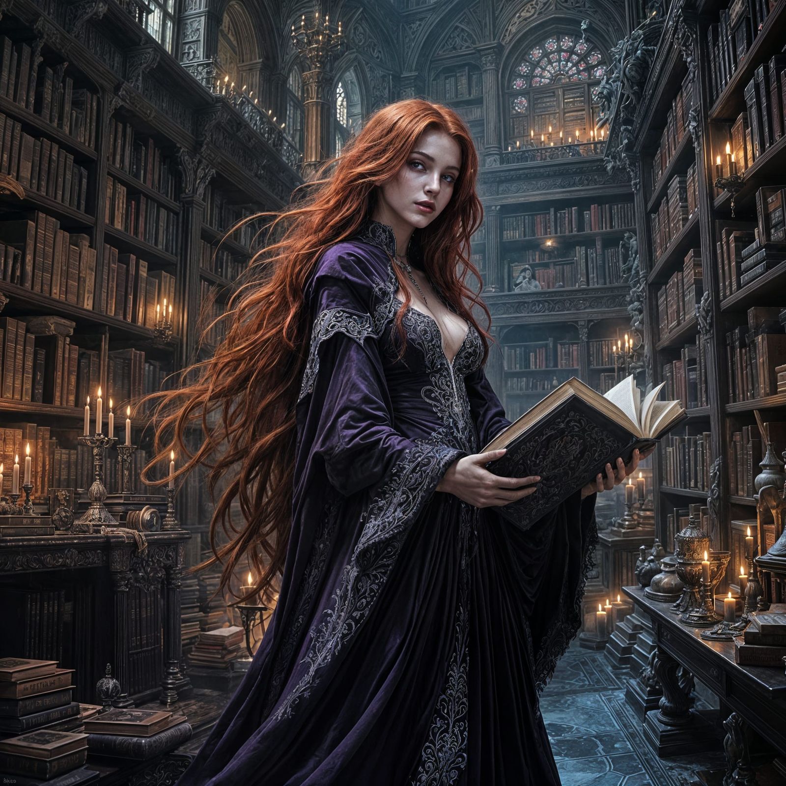 Gothic Sorceress in Library, Hyperrealistic Dark Fantasy