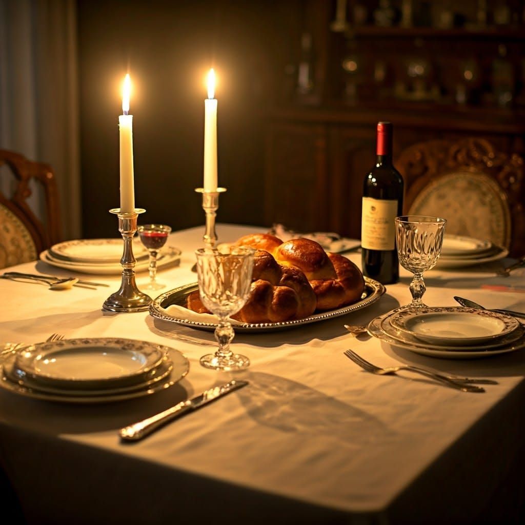 Warm Golden Shabbat Table with Challahs and Wine
