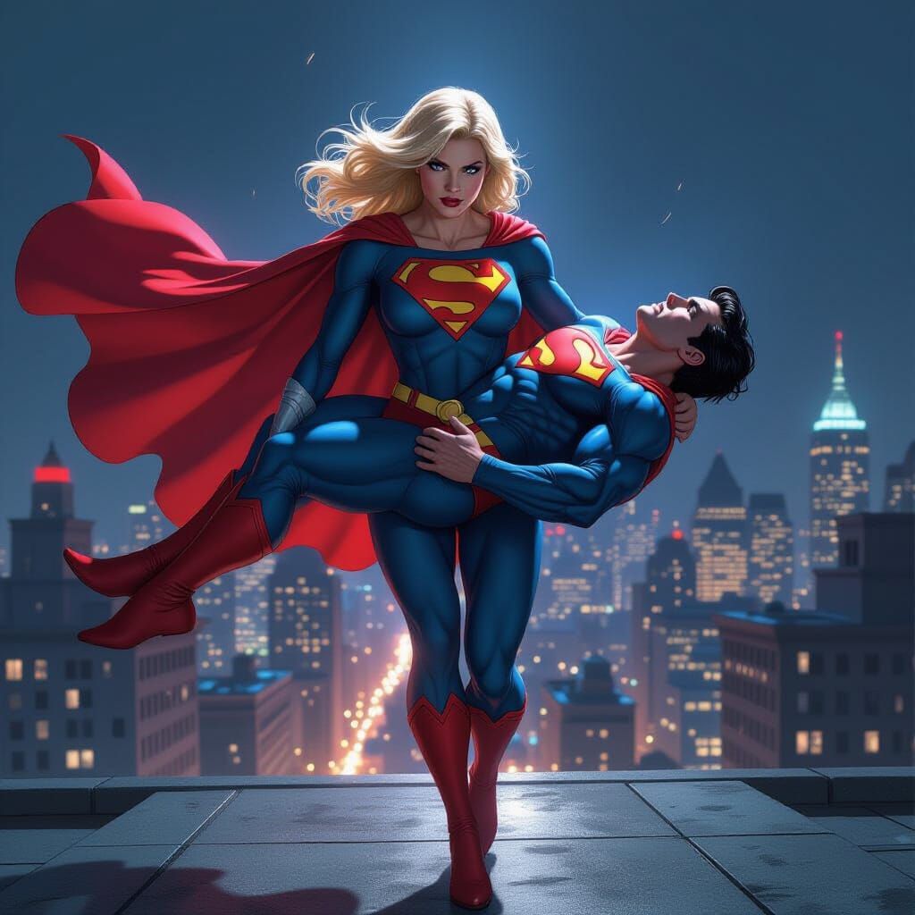 Power Girl Carries Unconscious Superman Over Gotham Rooftop