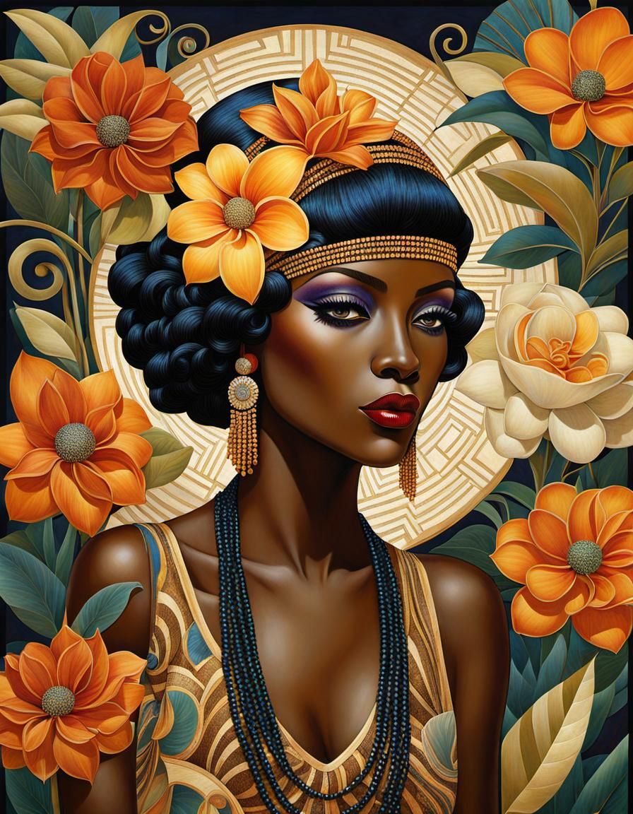 Flapper Girl with Exotic Flowers in Klimt Style