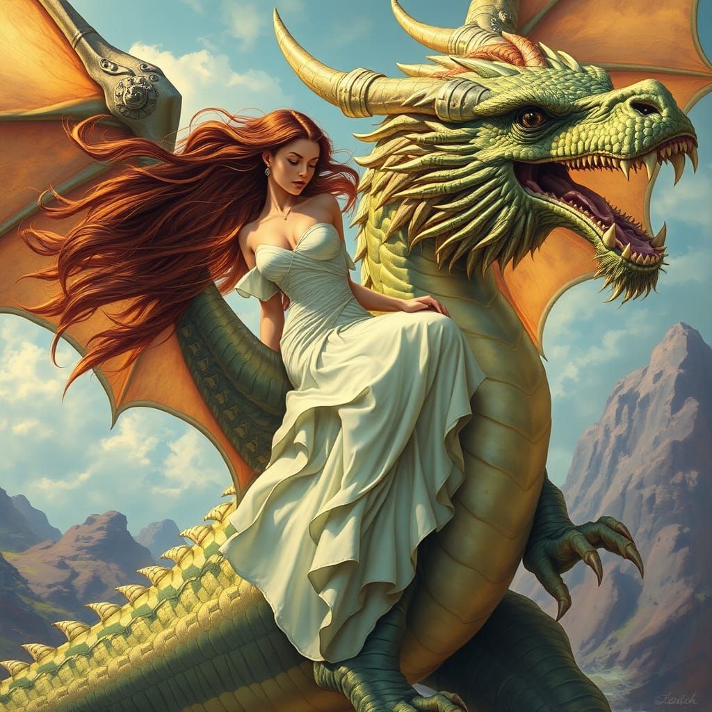 Woman Riding Dragon in Dreamlike Fantasy Art