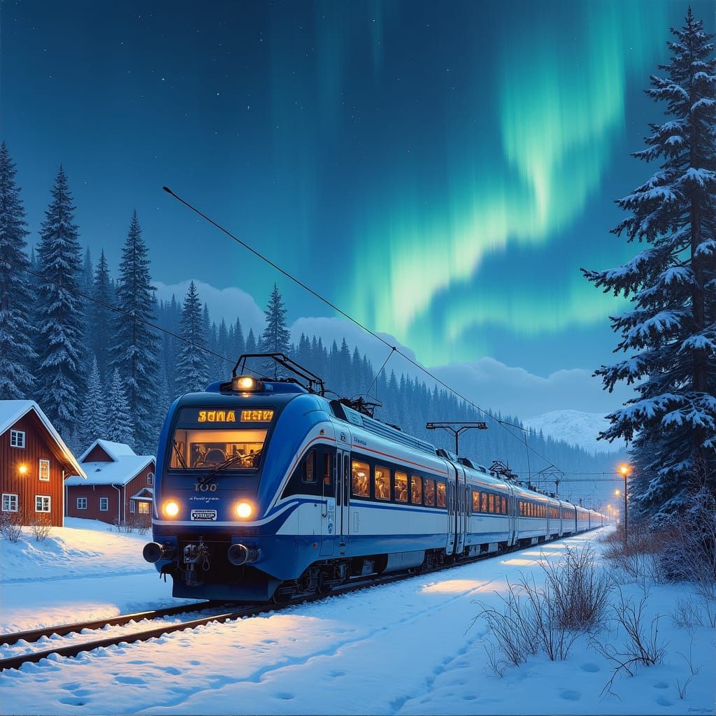 Norwegian Train Under Aurora, Oil Painting Style