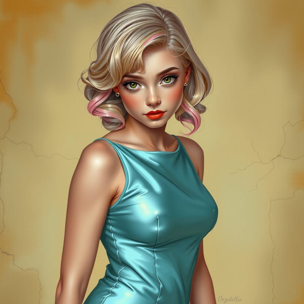 Vintage Pin-Up Girl with Cyan Dress and Pink Hair