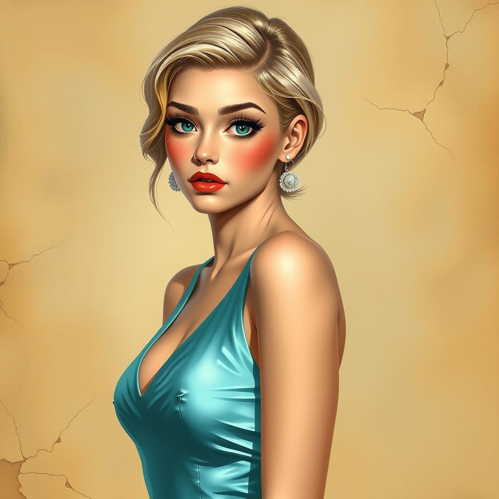 Youthful Woman in Cyan Dress: Anime Pin-Up