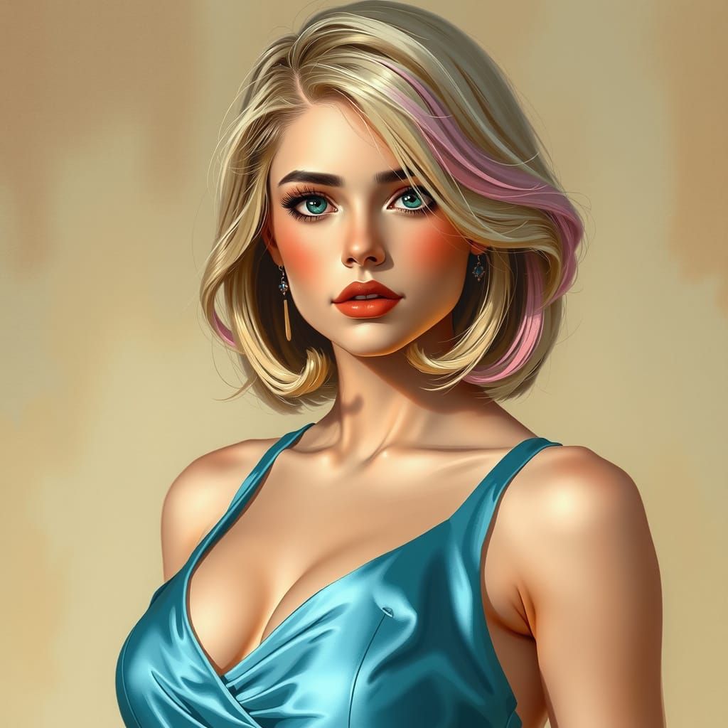 Anime Pin-Up Girl in Cyan Dress