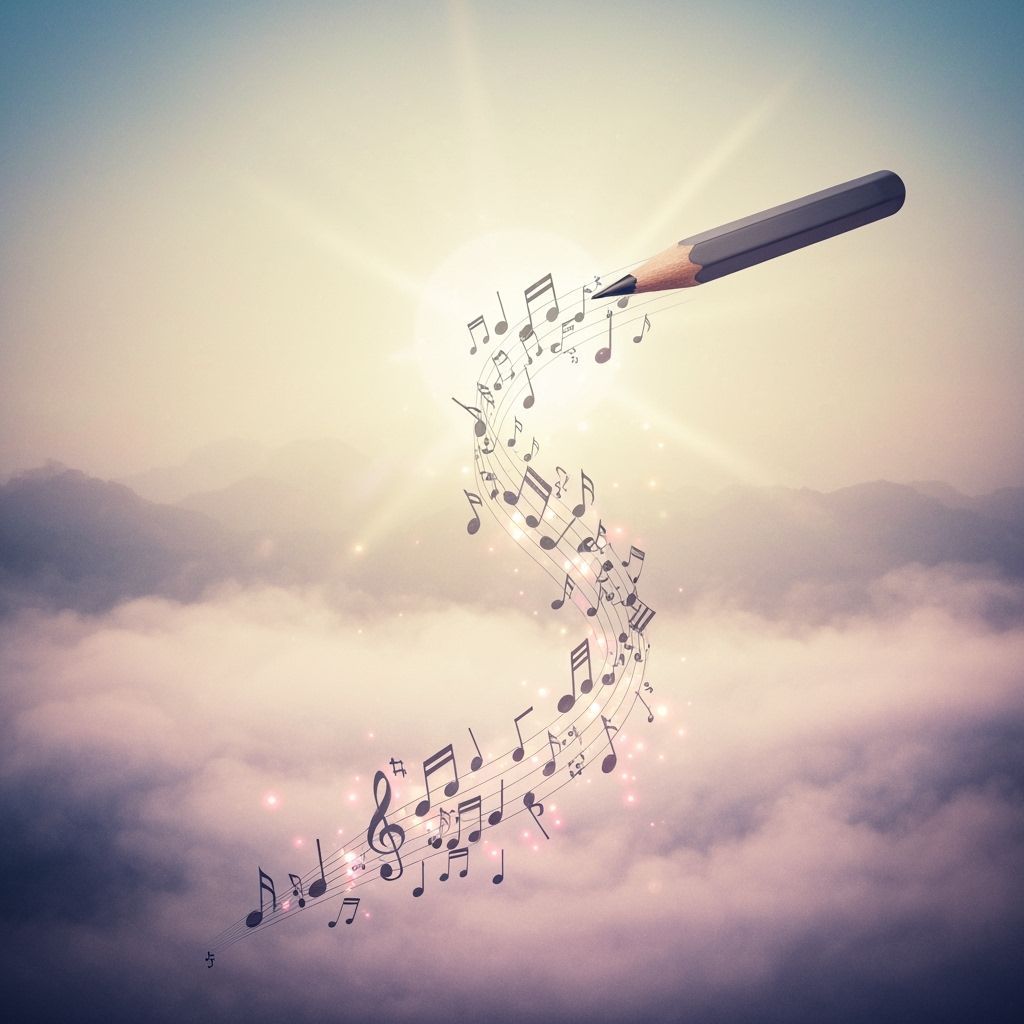 Pencil Transforms Into Musical Notes Forming Dreamy Landscap...