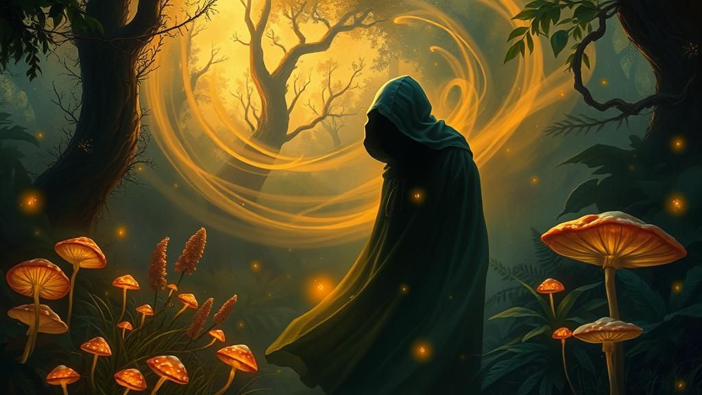 Mystical Figure in Twilight Jungle, Romantic Oil Painting