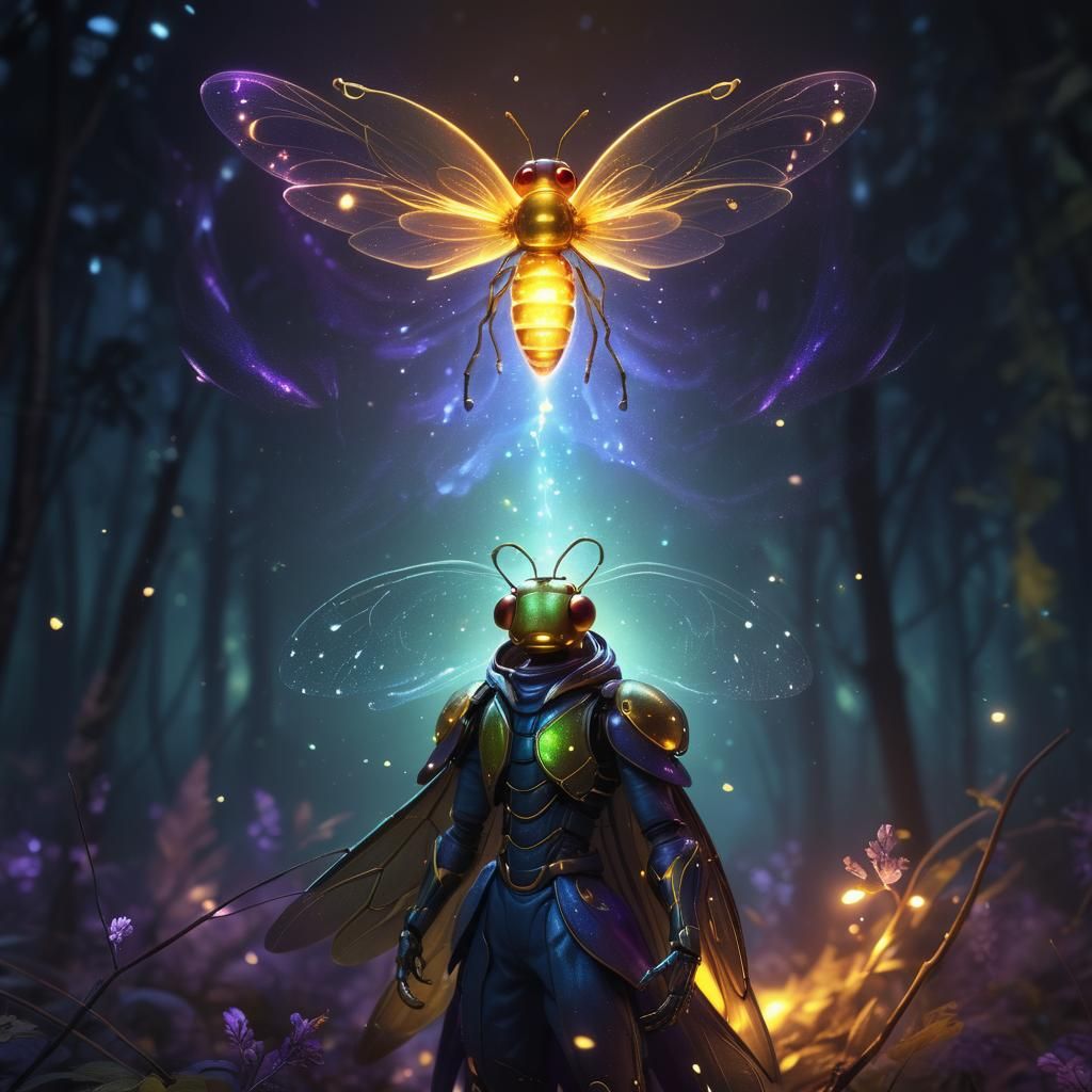 Luminescent Firefly in a Forest Night, in 3D Anime Art