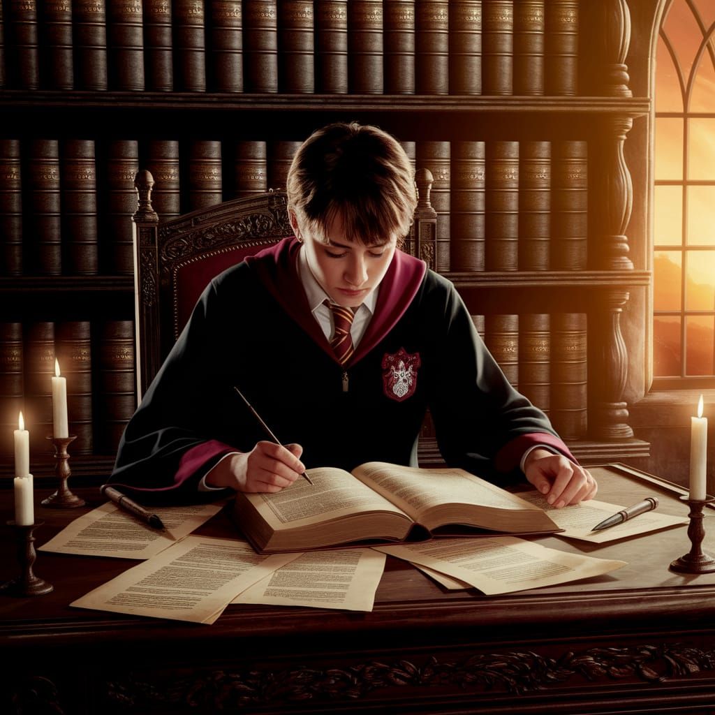 Hogwarts Student Focuses on Arithmancy Essay by Candlelight