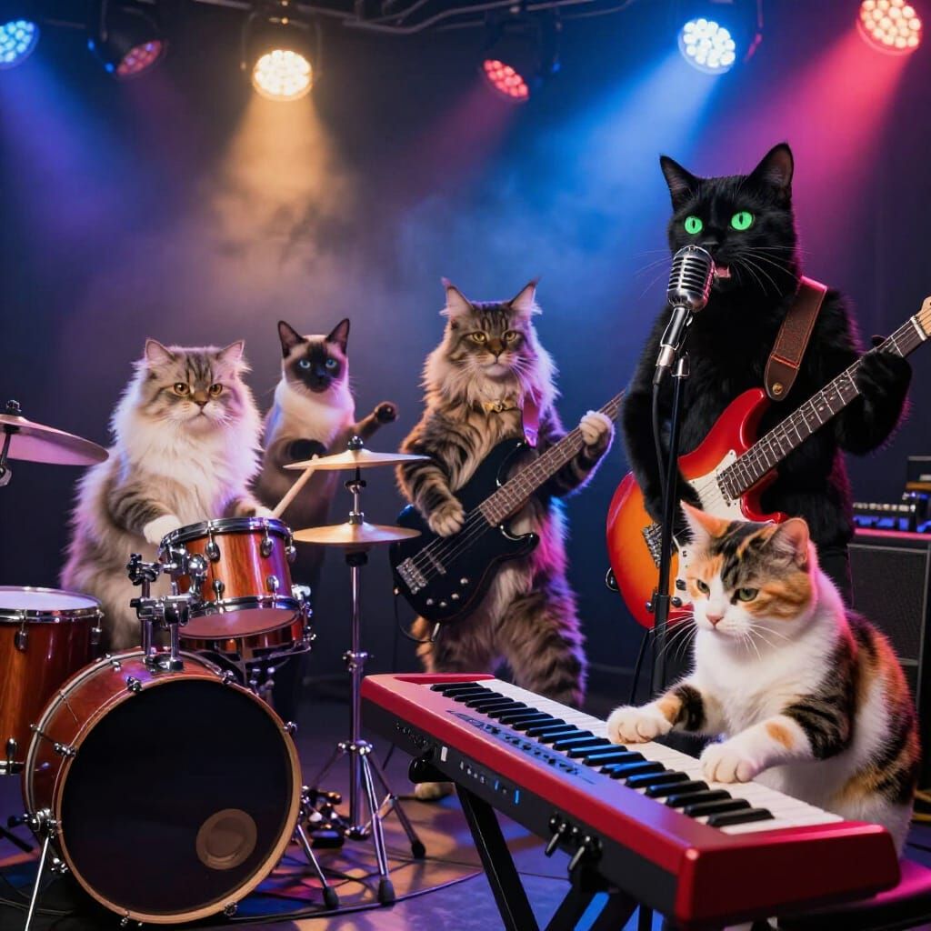 Feline Rock Band Performs Live on Stage