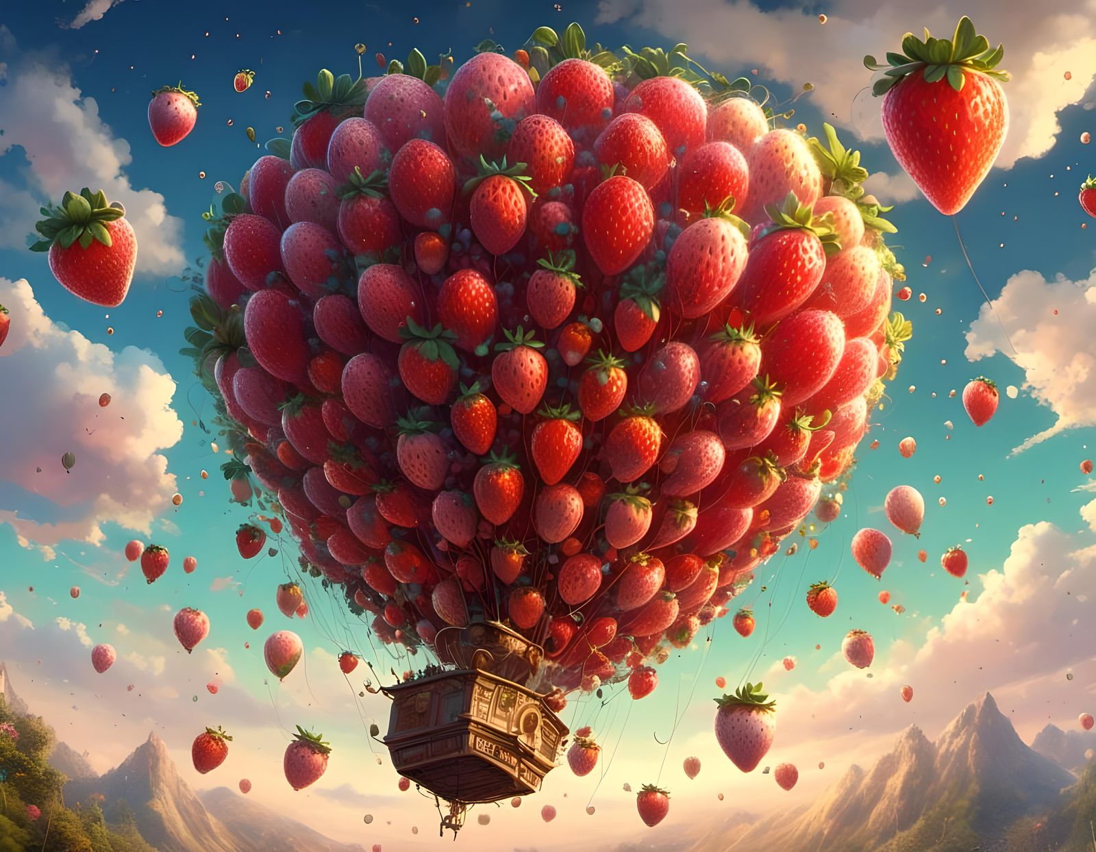 Strawberry Hot Air Balloon in Whimsical Style