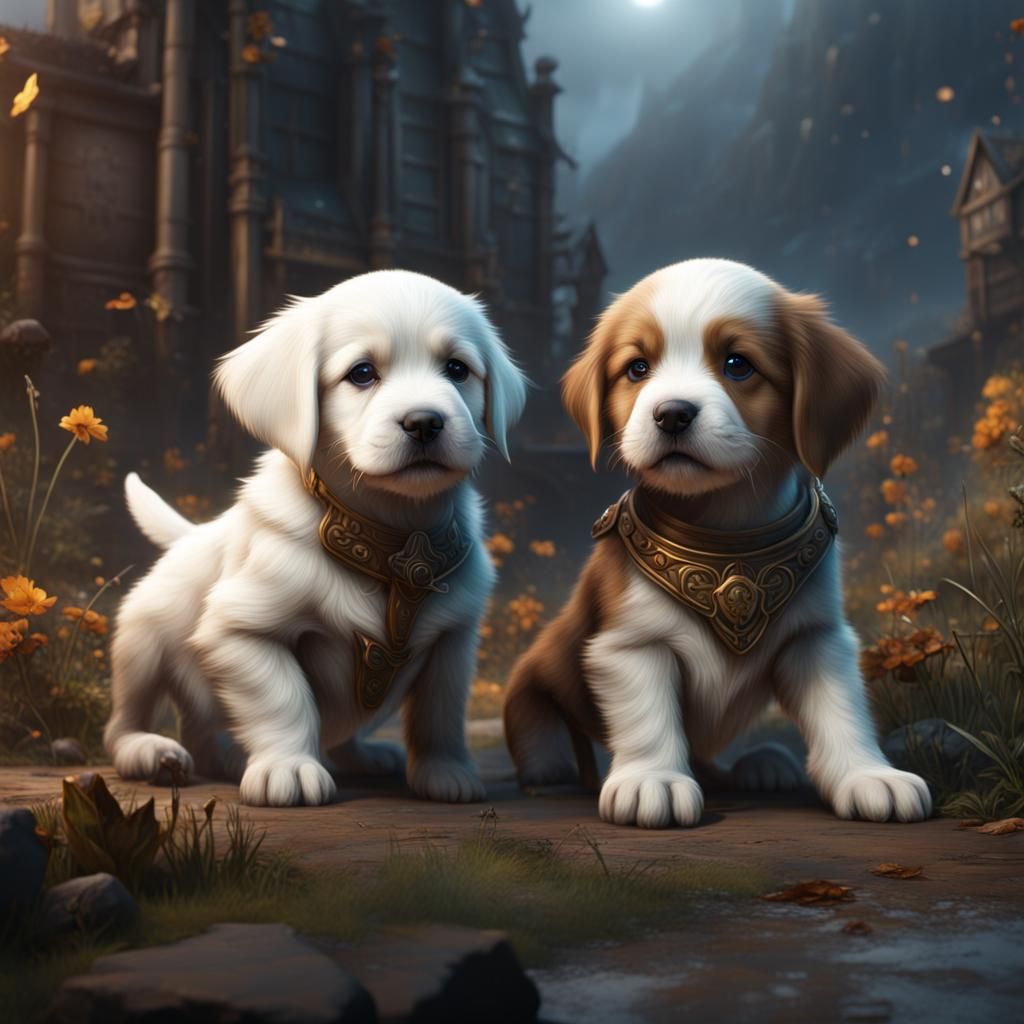 Puppies in Detailed Matte Painting Style