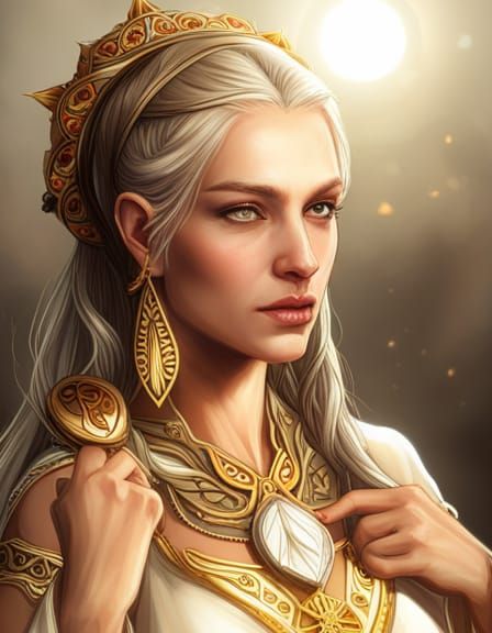 Radiant Sun Priestess Portrait in Ethereal Lighting