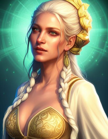 Golden Sun Priestess Portrait in Art Nouveau Style