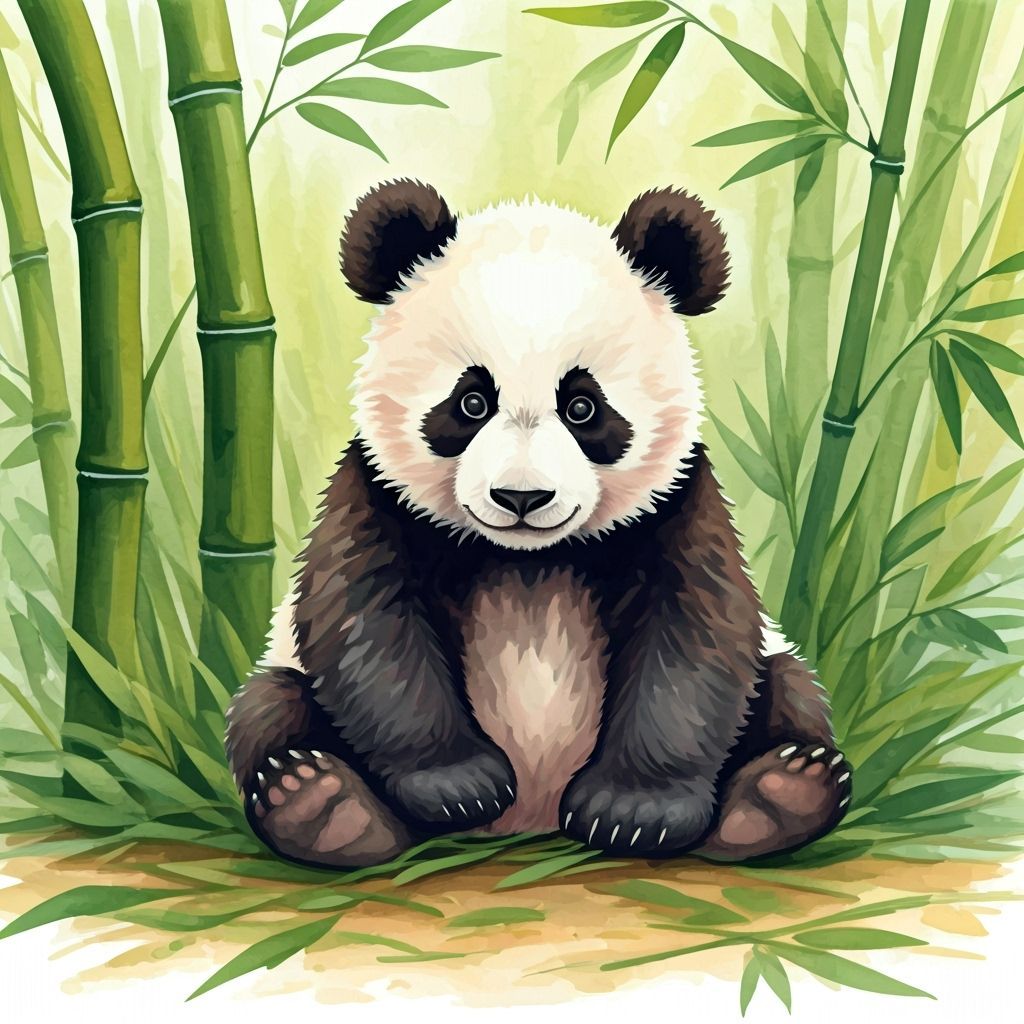 Baby Panda in Bamboo Forest Watercolor Painting