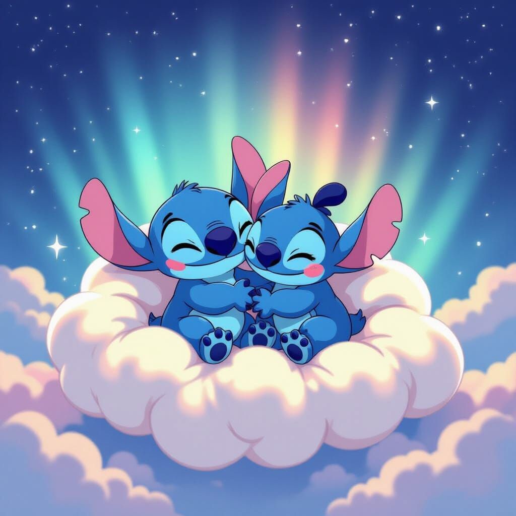 Stitch and Kuromi Snuggling on a Rainbow Cloud