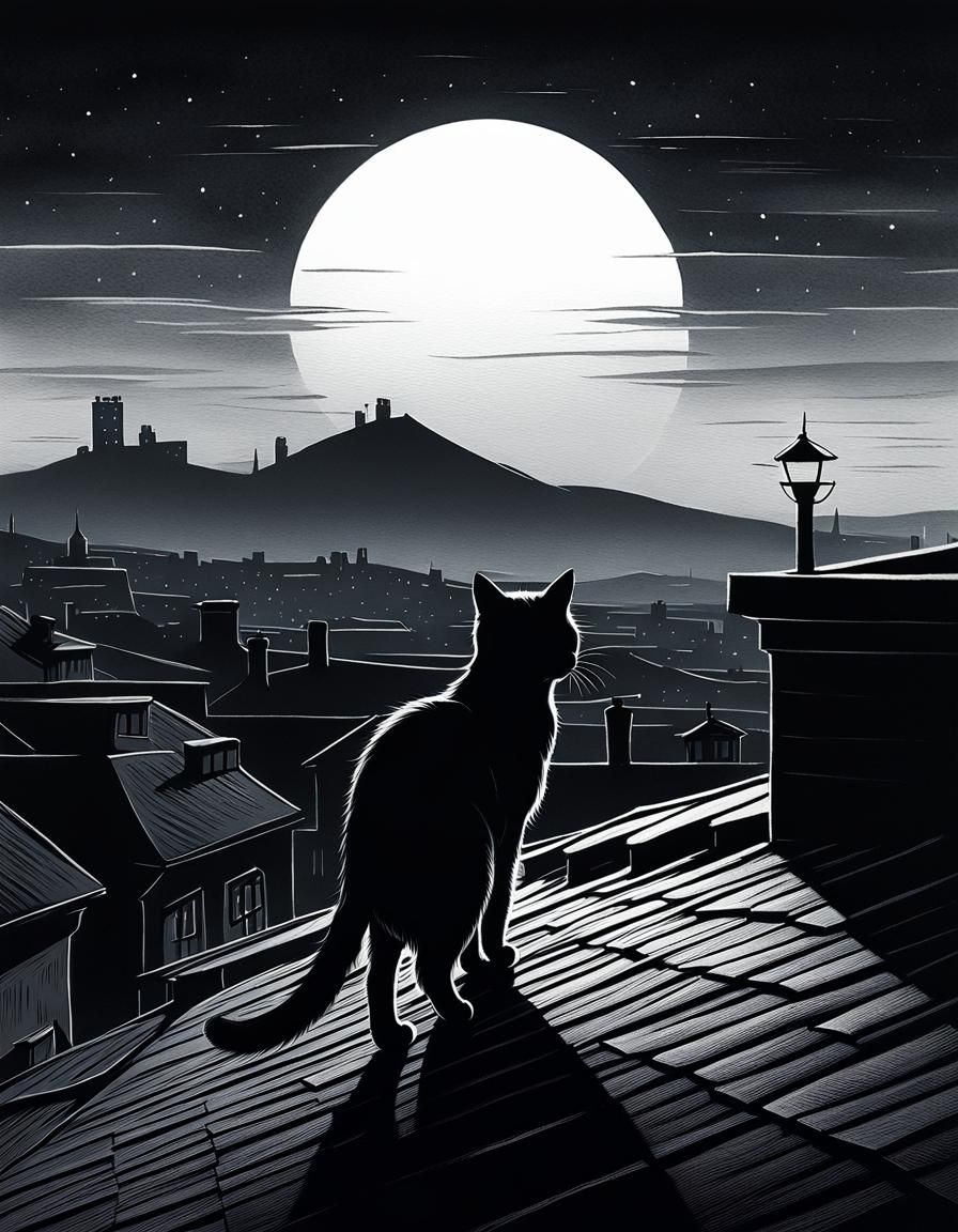 Cat Silhouette on Rooftop in Moonlit Pencil Sketch