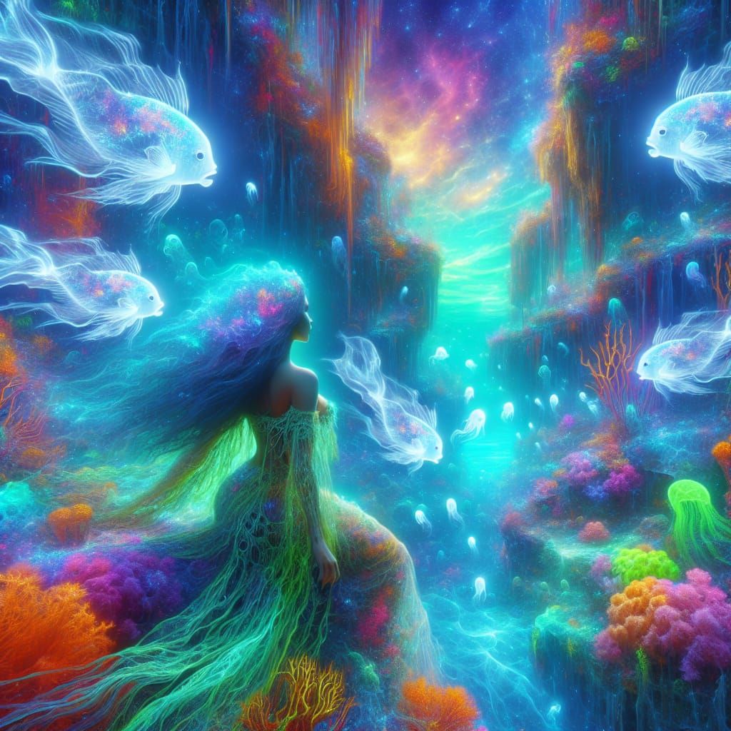 Radiant Coral Reef with Enchanting Mermaid