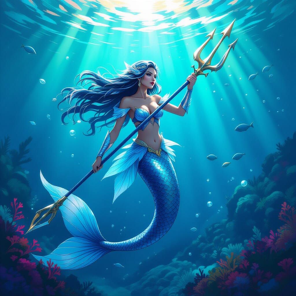 Mermaid in Underwater Battle in Futuristic Style