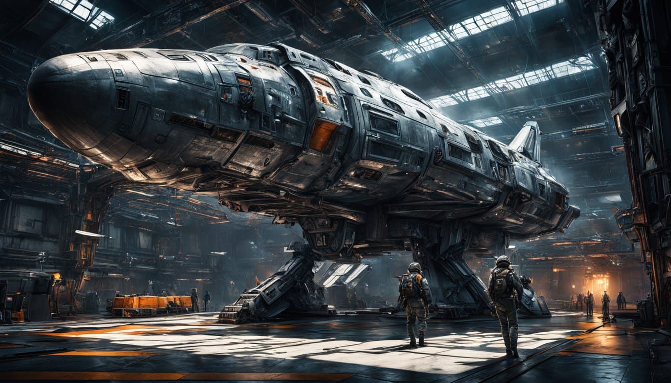 Futuristic Spacecraft Hangar with Officers in Flight Suits