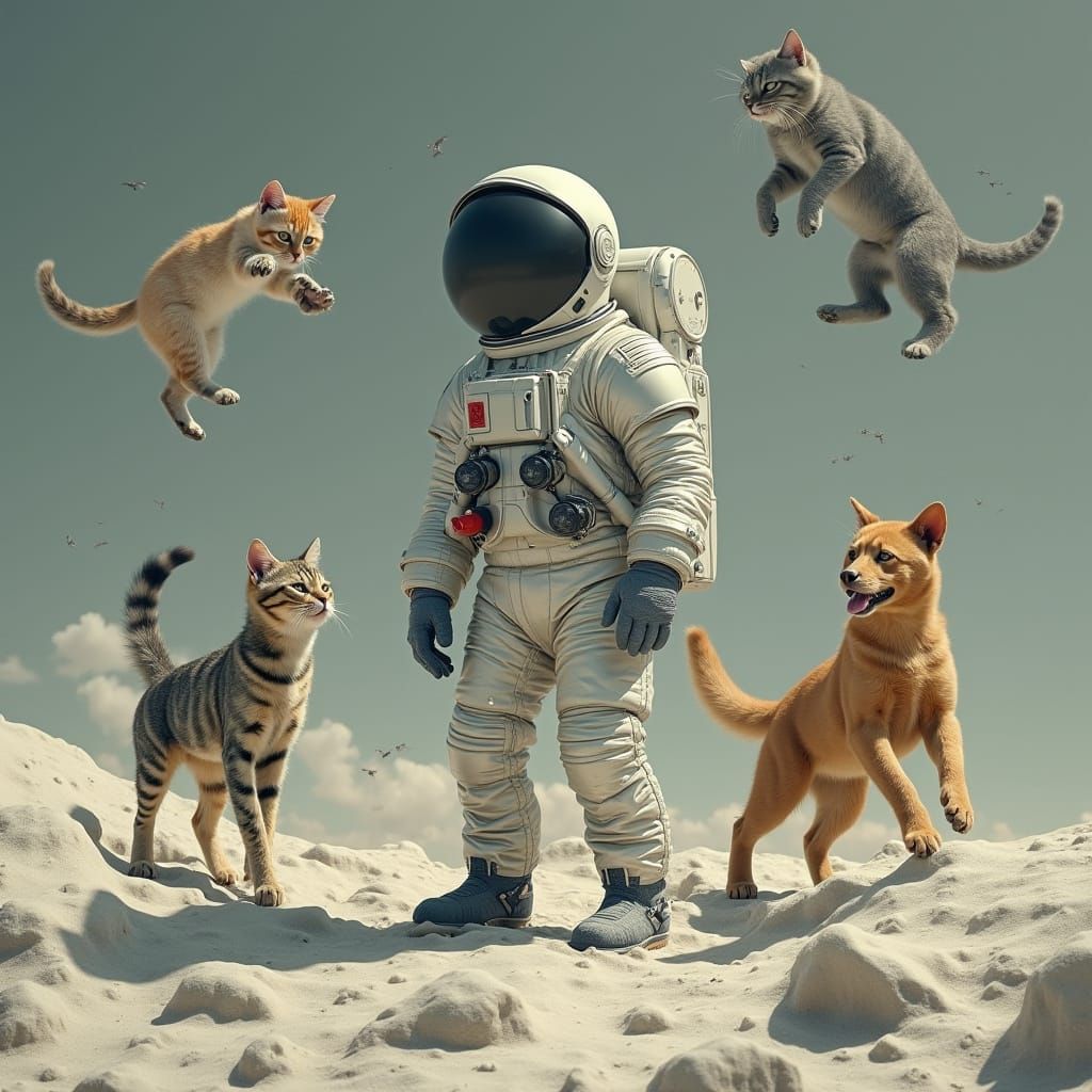 Astronaut Witnessing Lunar Pet Shower in Sci-Fi Style