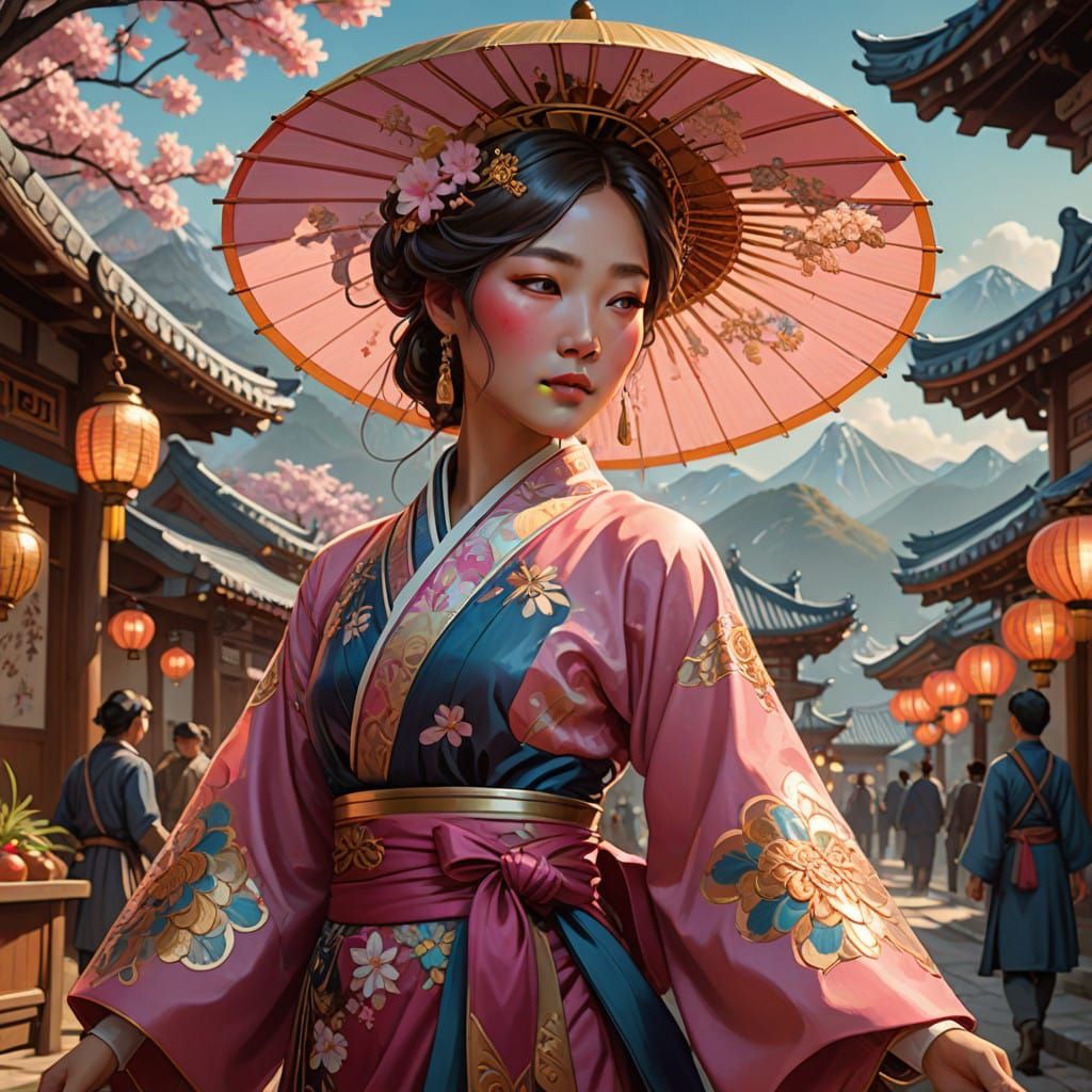 Korean Beauty in Vibrant Hanbok Walking through Bustling Mar...