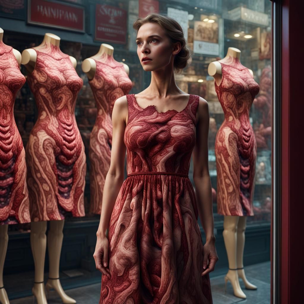 A woman wearing a dress made of raw meat looking through a s...